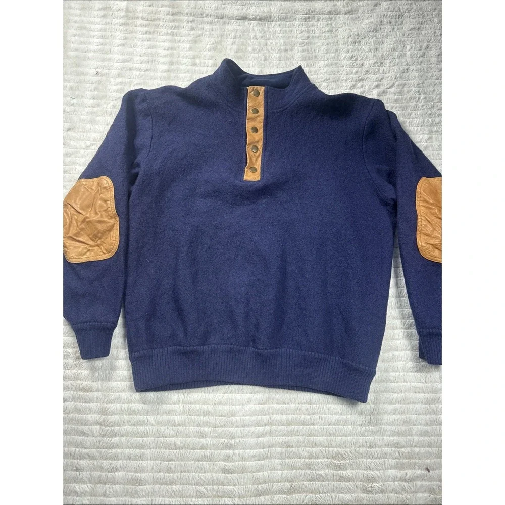 Orvis Vintage 100% Wool T Snap Sweater L‎ Leather Elbow Patch Pullover Blue